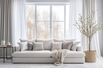 A cozy and stylish living room interior. Couch sofa with linen cushions in pastel neutral colors next to window with white curtains.