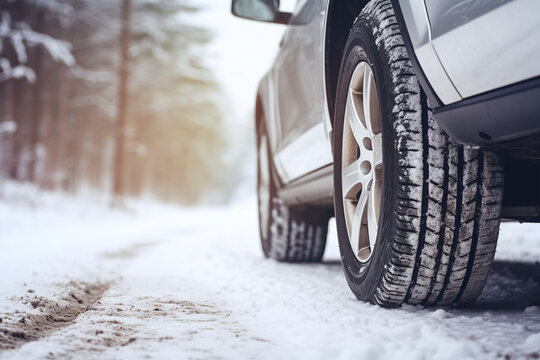 Car driving on snow road. Closeup of winter tires on snowy highway road.
