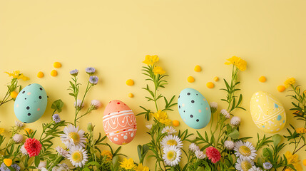 Colorful easter eggs with flowers and green grass. Easter eggs disappear on light yellow background.