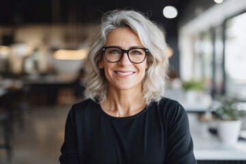 Portrait of smiling middle aged elegant small business owner, female company manager, happy beautiful mature female manager.