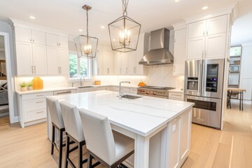 A spacious kitchen featuring a center island and white cabinets. Perfect for home decor and interior design projects