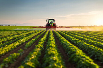 Tractor spraying green crops on cultivated field.  - obrazy, fototapety, plakaty