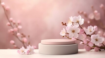 Obraz na płótnie Canvas 3D background of natural pink color cosmetic products. Stone podium with white flowers. generative ai