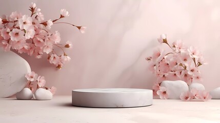 3D background of natural pink color cosmetic products. Stone podium with white flowers. generative ai