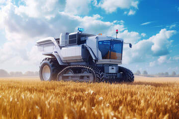 Obraz premium Self future driving unmanned autonomous rye harvester working in field
