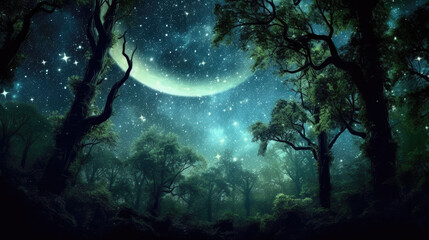 Dreamy Night in the Forest with Moon and Stars - Generative AI