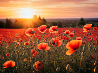 Fototapeta na wymiar Poppies: The Bright and Delicate Flowers that Bloom in the Countryside and Create a Peaceful and Scenic Landscape at Sunset