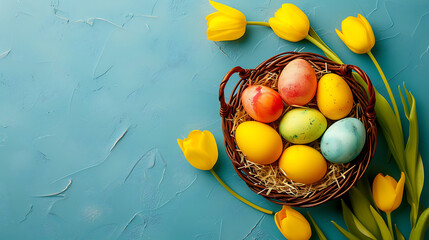 
Easter eggs in basket on colored table with yellow Tulips. Natural dyed colorful eggs background top view - Powered by Adobe