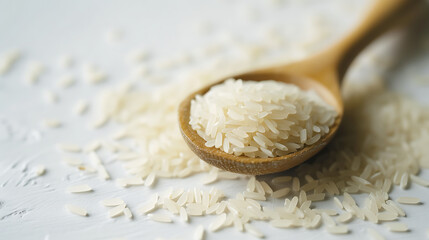 Fototapeta na wymiar Clean measuring spoon of rice, plain white background