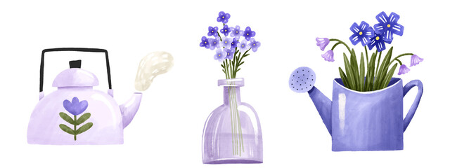 Floral purple set. A teapot with a floral design, a glass vase with a bouquet of forget-me-nots and a watering can with flowers. Cute cartoon illustration on isolated background