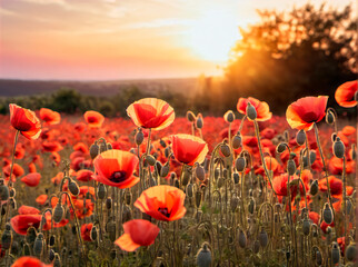 Poppies: The Bright and Delicate Flowers that Bloom in the Countryside and Create a Peaceful and Scenic Landscape at Sunset