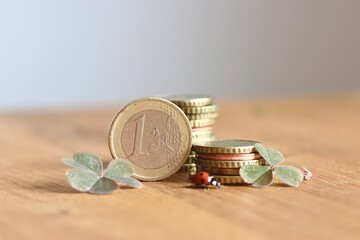Stacked Euro coins with ladybug and clover, concept of gambling and luck in lottery, stock investment success, win or price money