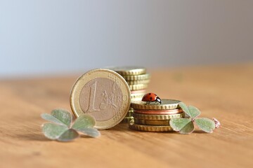 Stapel aus Euro Geldmünzen mit Glückssymbol Marienkäfer und Kleeblätter