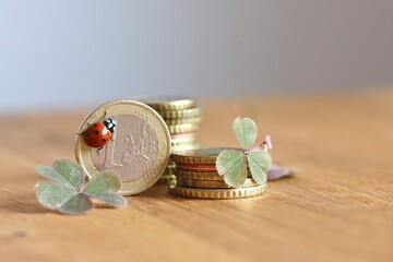 Pile of stacked coins with ladybug and clover, gambling lottery win or price money, symbol of luck...