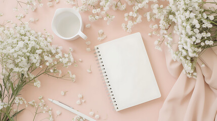 Planner on the table surrounded by flowers, pastel beige color
