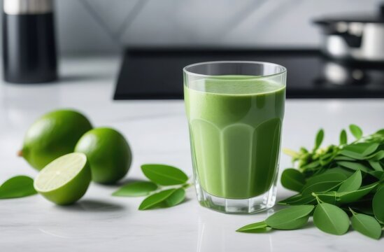 A refreshing glass of green smoothie on a marble countertop, flanked by fresh limes and moringa leaves, invoking a healthy lifestyle