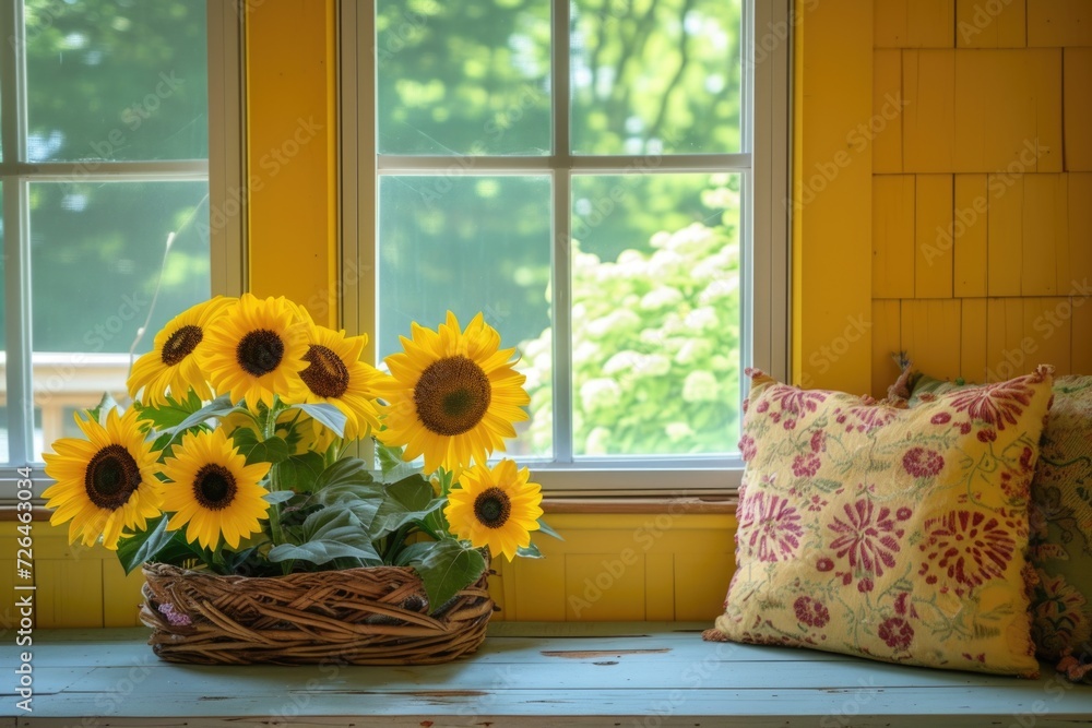 Poster a basket of sunflowers sitting on a window sill. perfect for adding a touch of nature and brightness