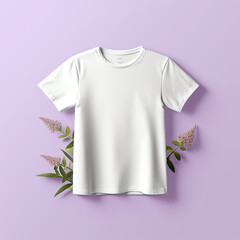Blank White T-Shirt Displayed with Beautiful Flowers Against Purple Background - Generative AI