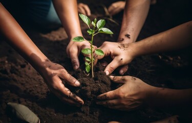 hands from a close-knit community come together to plant a young sapling, symbolizing collective growth, environmental stewardship, and the nurturing bond between people and nature.Generated image - obrazy, fototapety, plakaty