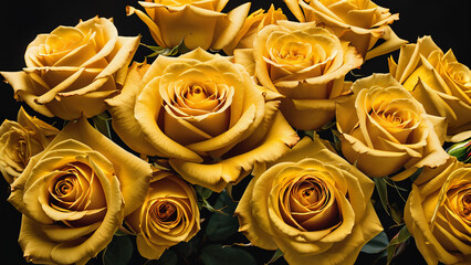 a bunch of yellow roses with leaves on a black background with gold foiling on them, with a few more gold leaves