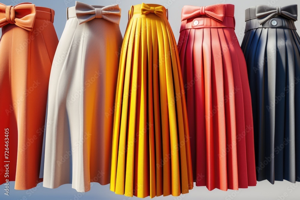 Poster a row of different colored skirts with bows on them. perfect for fashion and clothing-related projec