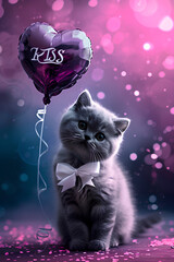 Cute Scottish Fold cat with a violet heart balloon on glamour purple background. With a text Kiss. For Valentine's Day celebration. Romantic holiday and pet concept. Funny animal for wallpaper, poster
