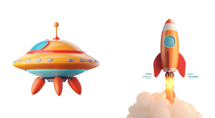 Set of ufo, rocket, space ship: Uncomplicated 3D Cartoon Depiction of Charming Space Items for Youngsters, Isolated on Transparent Background, PNG