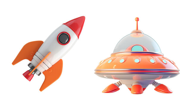 Set of ufo, rocket, space ship: Straightforward 3D Cartoon Representation of Appealing Space Components for Children, Isolated on Transparent Background, PNG