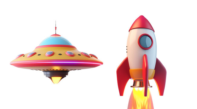 Assortment of ufo, rocket, space ship: Uncomplicated 3D Cartoon Depiction of Charming Space Items for Youngsters, Isolated on Transparent Background, PNG