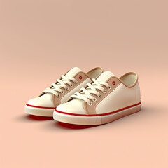Classic Blank White Sneakers with Red Accents on a Neutral Background - Generative AI