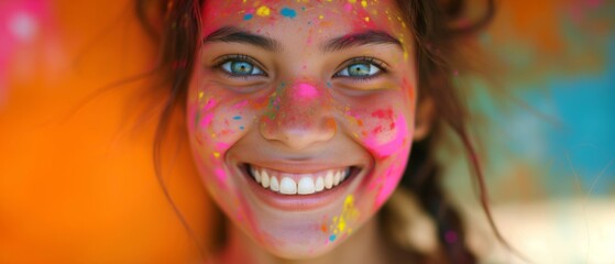 Portrait happy smiling young girl celebrating holi festival, colorful face, vibrant powder paint explosion