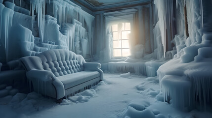 frozen sofa and window , Freezing room, no heat, no electricity, extreme cold