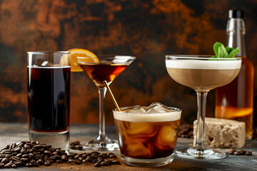 Set of classic coffee based alcohol cocktails such as espresso martini and other trendy cocktails isolated on dark background, copy space. Banner with soft and alcohol drinks