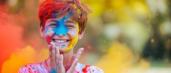 Portrait happy smiling teenager boy celebrating holi festival, colorful face, vibrant powder paint explosion