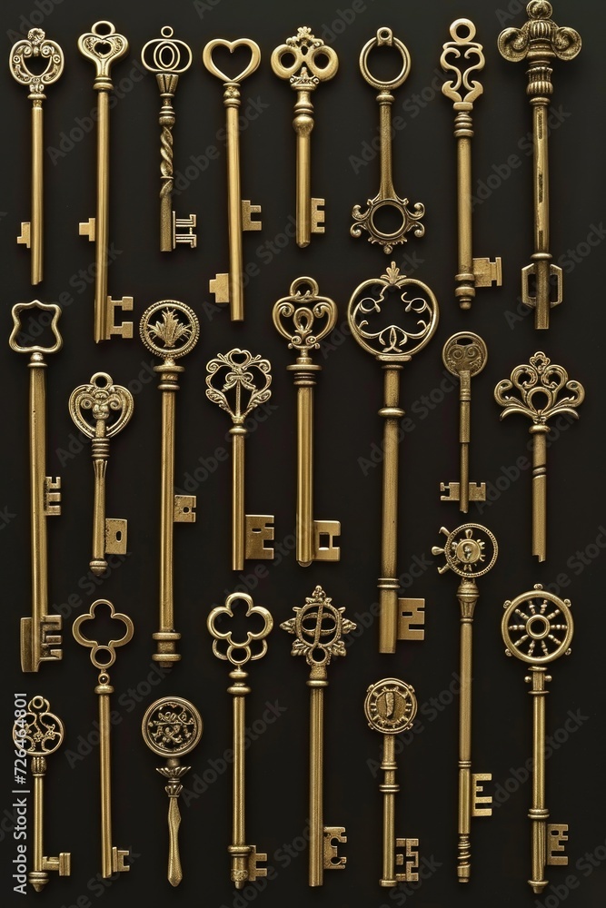 Fototapete a collection of antique keys displayed on a sleek black surface. perfect for adding a touch of vinta