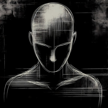 Line drawing of human figure with black background, illustration, line art