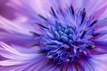 Petals of a cornflower closeup of a purple color. 