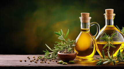 Golden olive oil and vinegar bottles with thyme and aromatic herbs leaves, Italian Mediterranean food menu commercial setup as studio shot wide banner poster with copyspace area
