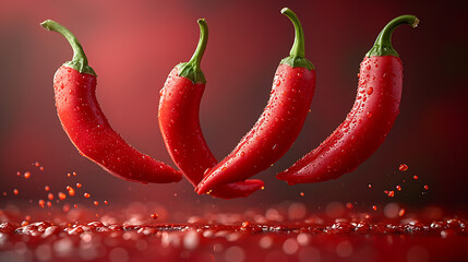 Ripe red hot chili peppers floating in mid-air against a vertical gradient backdrop