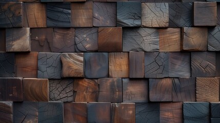 Rustic Wooden Block Wall Backdrop with Rich Textures and Varied Tones Background