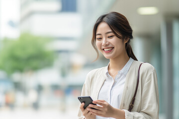 Smiling Asian businesswoman using smartphone in the city