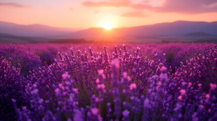 A field of lavender, with fragrant purple flowers as the background, during a Tuscan sunset - obrazy, fototapety, plakaty