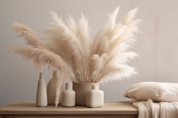 Pampas. Boho style. Interior decoration, home, studio in boho style. Dried flowers and pampas in Scandinavian style