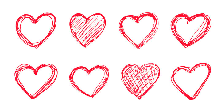 Hand drawn hearts set romantic decoration for Valentine Day.Symbol of love,relationships and romance for holiday February 14. Children's drawing,doodle freehand decoration.Isolated.Vector ilustration