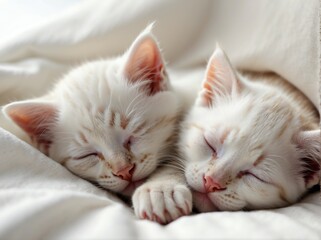 Cute white kittens sleeping on plain white background from Generative AI