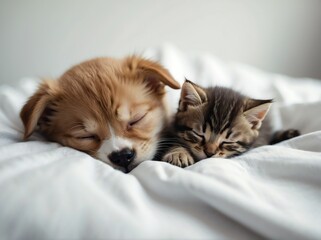 Cute kitten and puppy sleeping on plain white background from Generative AI