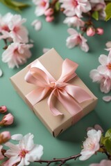 Obraz na płótnie Canvas Spring pastel colors banner on green, gift box with pink ribbon among flowers, mothers day, valentines day