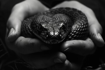 A person holding a snake in their hands. Can be used for educational purposes or to depict fearlessness