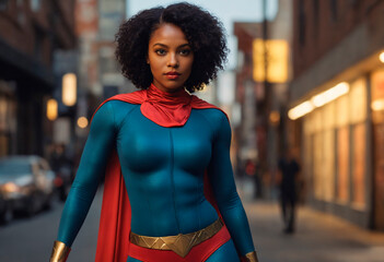 A woman dressed in a bright blue and red superhero costume