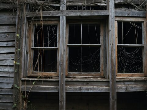 Close up of cobwebs on an abandoned scary house from Generative AI